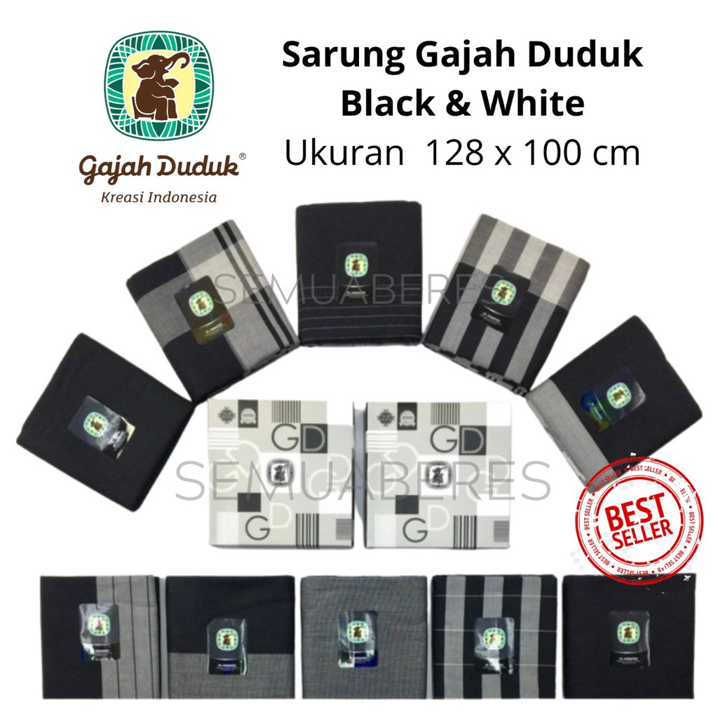 Sarung Gajah Duduk BLACK &amp; WHITE - Hitam Putih Kain Tenun Sholat Shalat Pesantren Santri Muslim Dewasa Pria Laki Remaja Jumbo