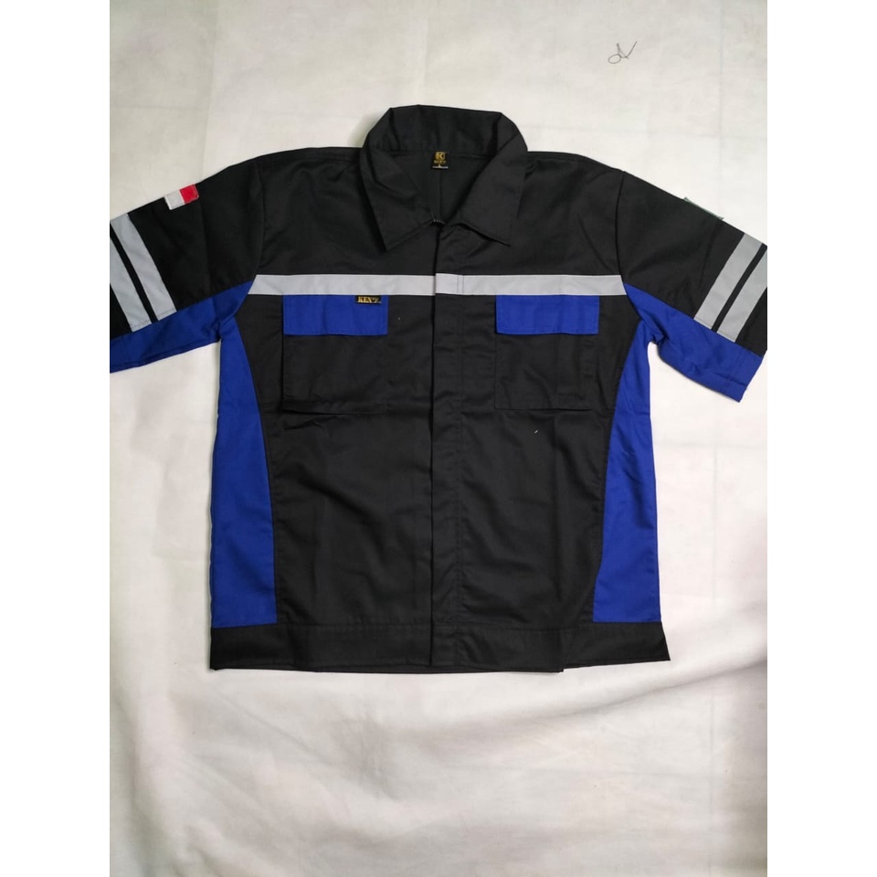 Baju Safety Wearpack Lengan Pendek | Kemeja Proyek Atasan Biru Benhur Hitam