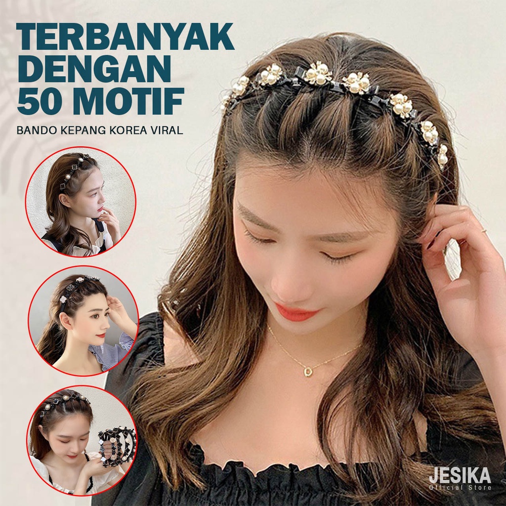 Bando kepang korea jepit rambut multi layer aklirik plastik elastis polos manik berlian jepitan unik