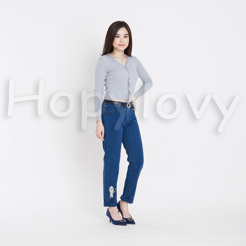 HOPYLOVY - Celana Boyfriend Jeans Wanita Printing Biu