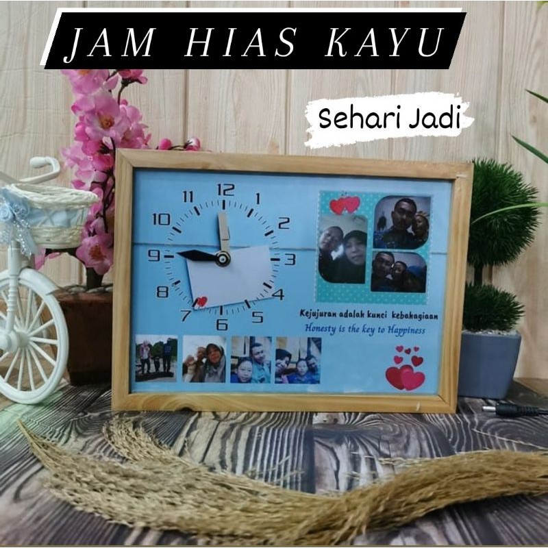 Jam Analog Kayu Unik Minimalis Custom Foto Hiasan Dinding Kamar Dengan Lampu LED