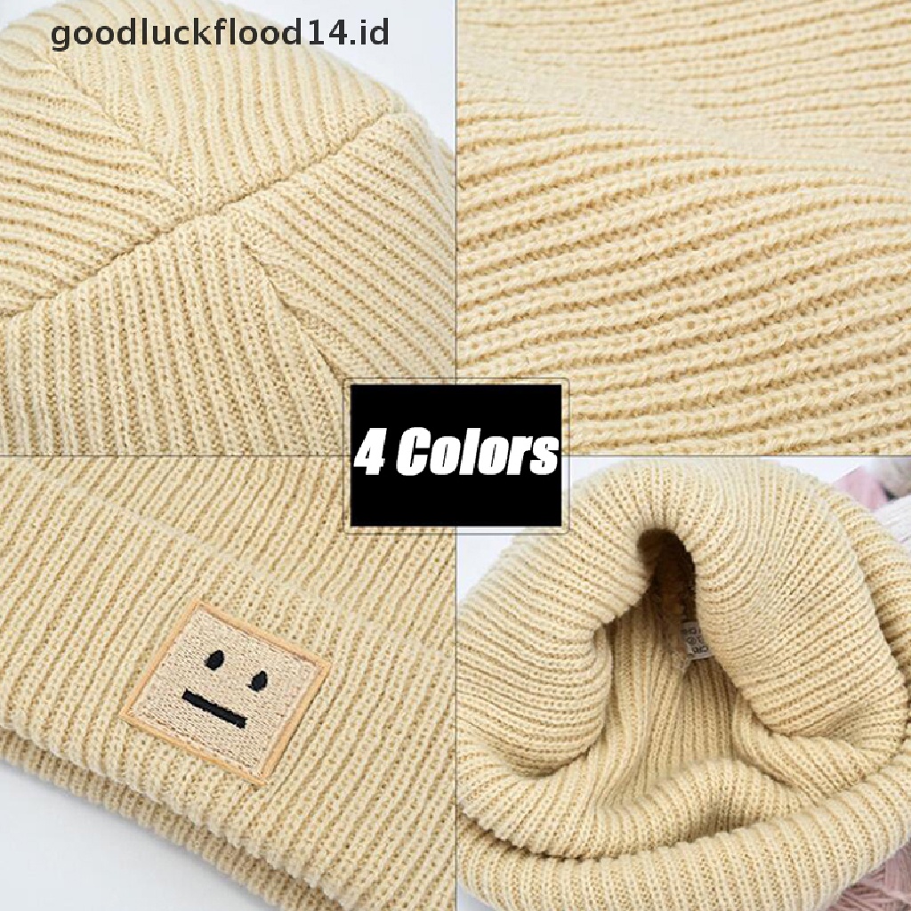 [OOID] Cute Smiling Face Label Winter Knit Embroidery Hat Unisex Adult Beanie Outdoor ID