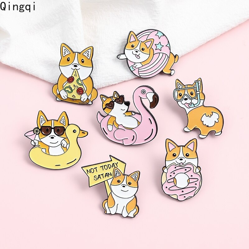 Bros Pin Enamel Bentuk Kartun Anjing Corgi Pizza Donat Untuk Hadiah