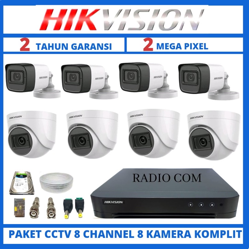 paket cctv hikvision  8 channel 8 camera 2mp 1080p turbo hd tvi