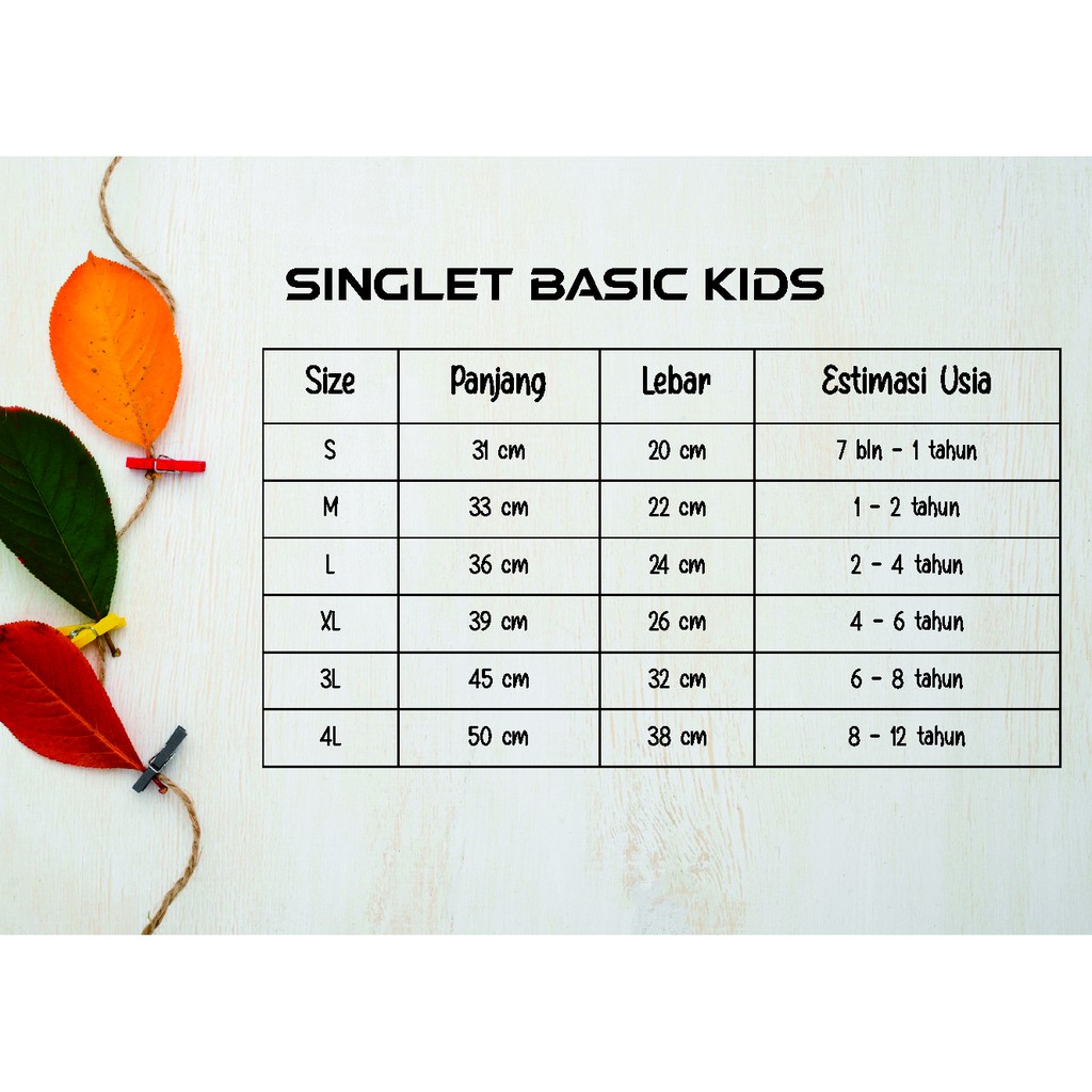 Basic Singlet Anak  SML XL 3L 4L ~ Singlet bayi ~ Singlet anak laki ~ singlet kutung anak unisex