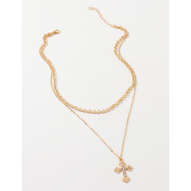 LRC Kalung Fashion Gold Cross-studded Double-layer Necklace D28004