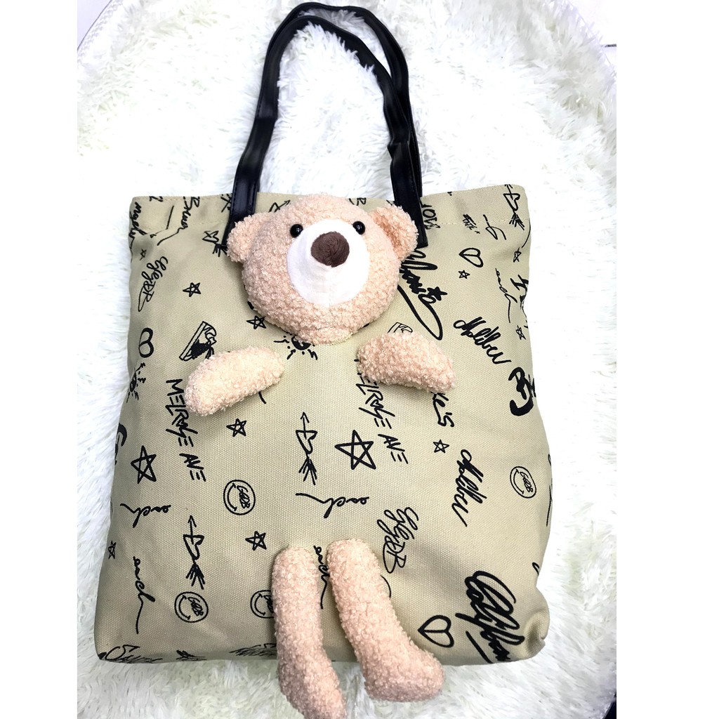 Tas Tote Bahu Shoulder Bag Wanita Bahan Kanvas Motif Boneka Bear lucu Impor terbaru 2020