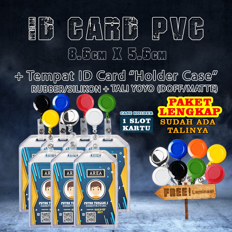 

Paket Lengkap Print dan Cetak ID Card/Kartu Identitas + Tempat ID Card Karet 1slot + Yoyo Doff