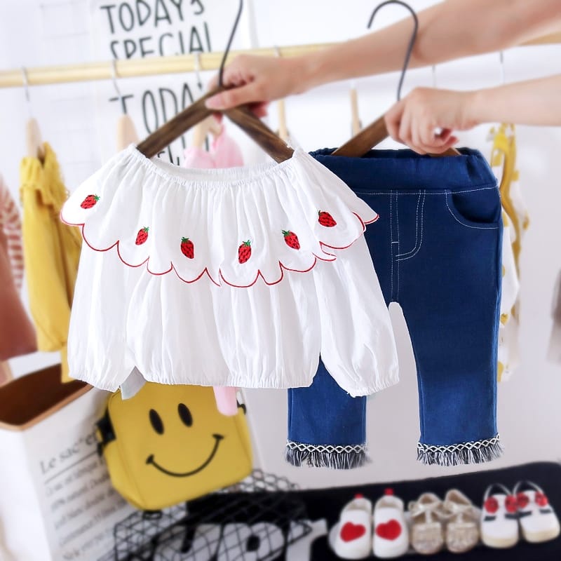 BAJU SETELAN ANAK PEREMPUAN JEANS SABRINA/ BAJU SETELAN ANAK CEWEK MODEL CELANA LEGGING DAN BAJU BUNGA