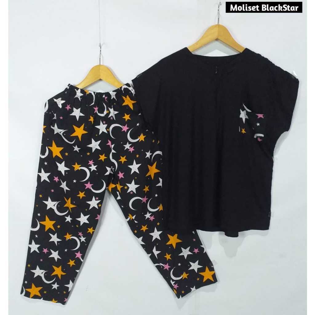 Setelan Piyama Babydoll Lengan Pendek Kekinian Baju Tidur One Set Rayon Premium Wanita Dewasa Busui-BlackStar