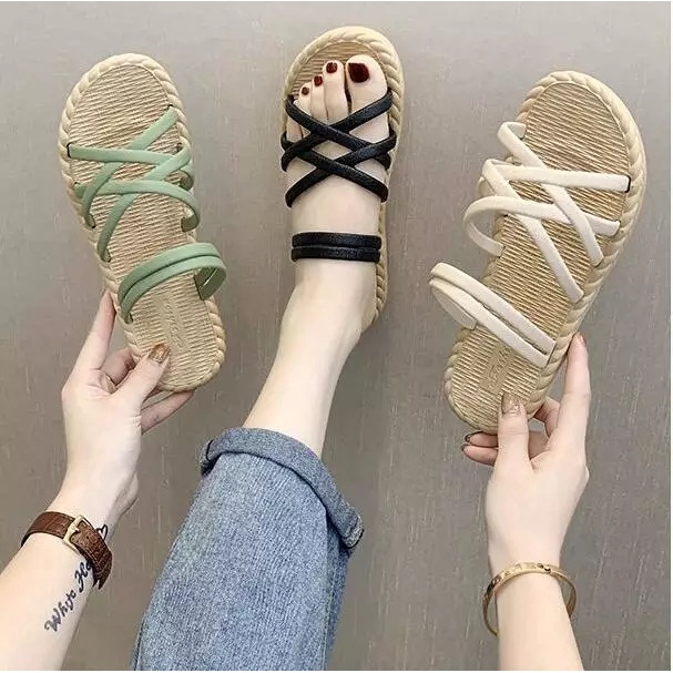 Sendal Wanita Tali Women Sandals Fashion Roman Cross Straps Flat Shoes MALL SHOPPING