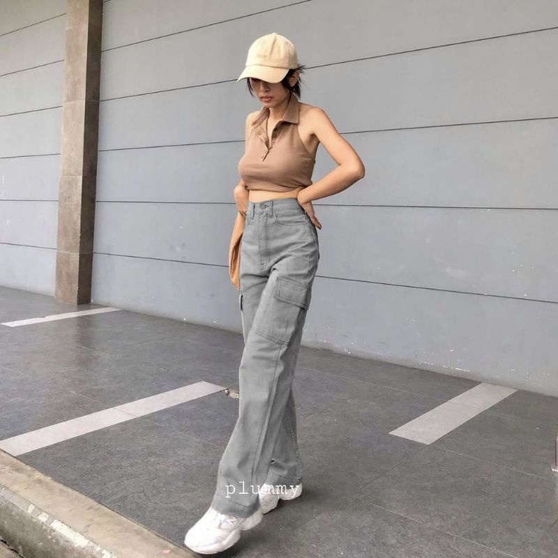 Celana Cargo Jeans HW Khaki Wanita Jins Kimpul Highwaist Loose Cream Latte Choco Saku Samping