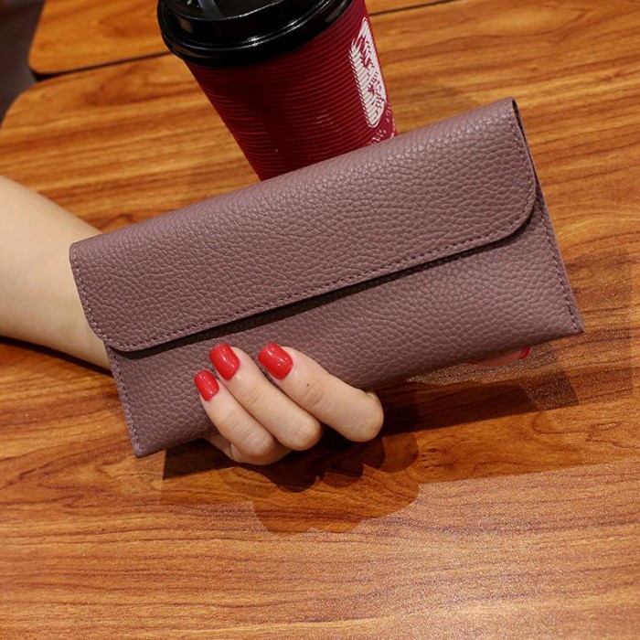 Dompet Wanita Dompet Panjang kartu Kulit jeruk wanita cewek Slim tipis kancing Merah Muda Kado Walle