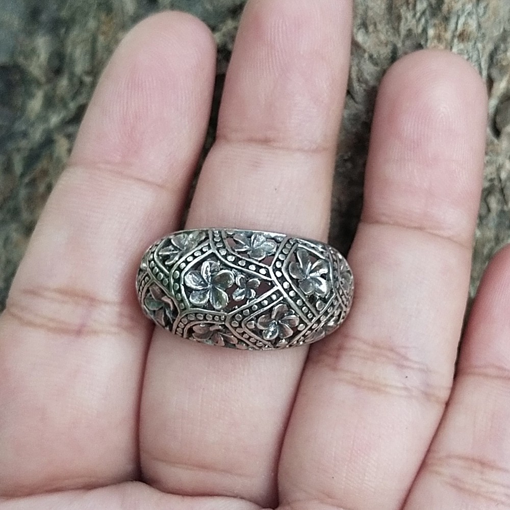 Cincin Ring Perak Silver Bali Motif Bunga Jepun Kamboja Ukir Lebar Asli 925