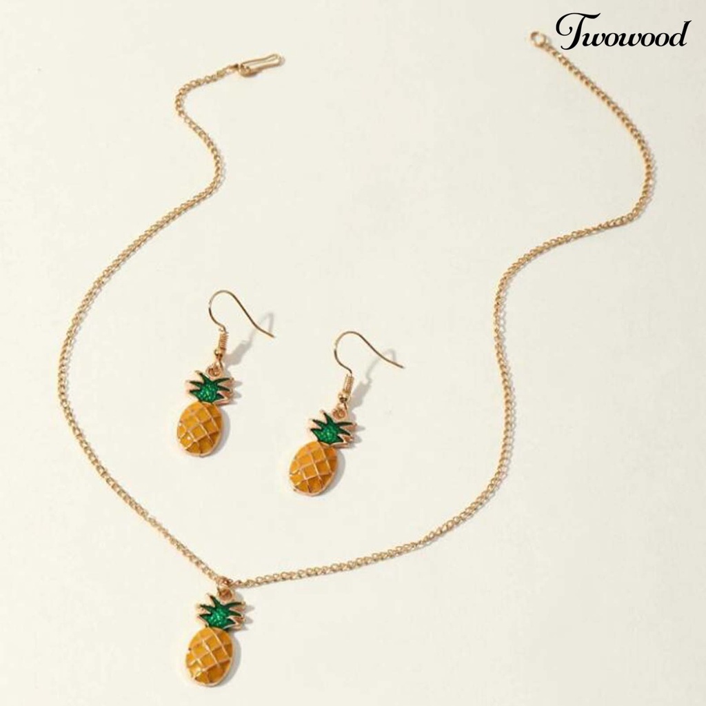 Twowood 2Pcs/Set Piercing Cute Necklace Earrings Set Alloy Pineapple Pendant Necklace Ear Hooks Jewelry Accessory