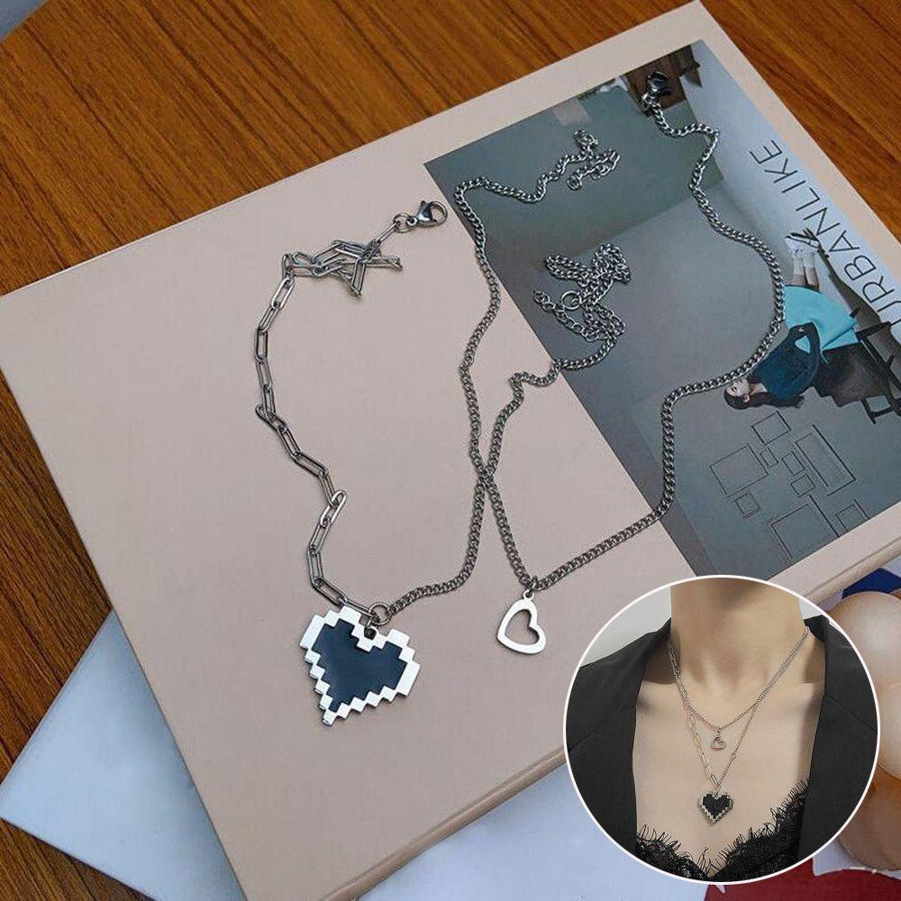 Kalung Rantai Double Layer Desain Mosaik Hati Warna Hitam Gaya Punk Untuk Hadiah