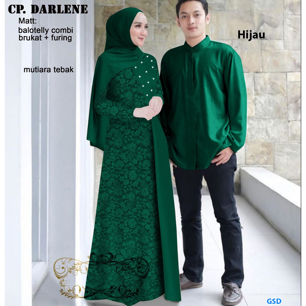 Cp darlene/couple muslim/gamis syari brokat kombi mutiara/kemeja muslim pria/baju batik pasangan