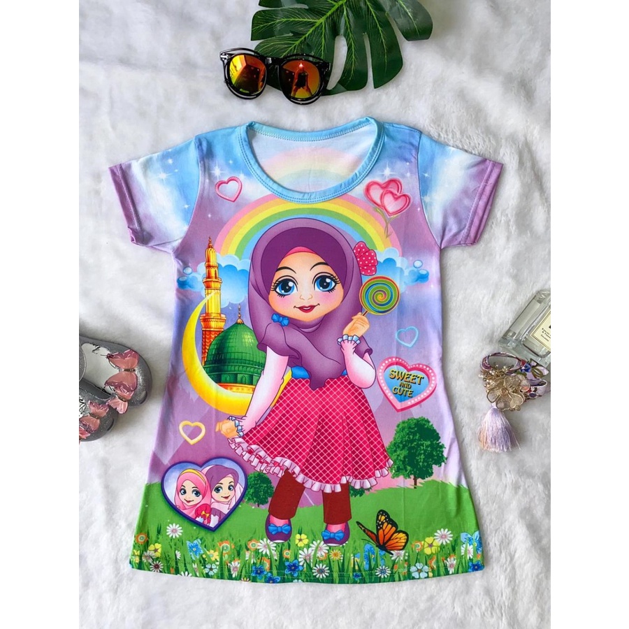 Dress anak perempuan baju anak cewek motif kartun hijab - XS