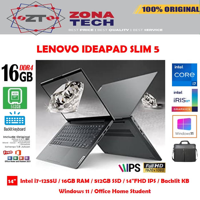 LENOVO IDEAPAD SLIM 5i - i7-1255U - 16GB - 512GSSD - IRIS XE - BACKLIT KB - 14&quot;FHD IPS - WIN11 - OHS