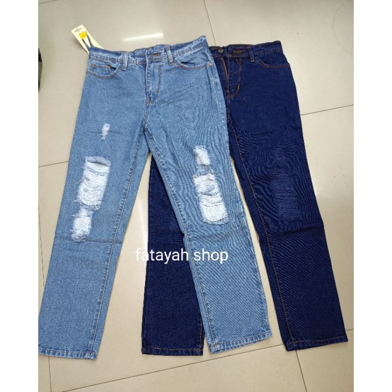 Celana Boyfriend Jeans Sobek Ripped Wanita Lapis puring Standar