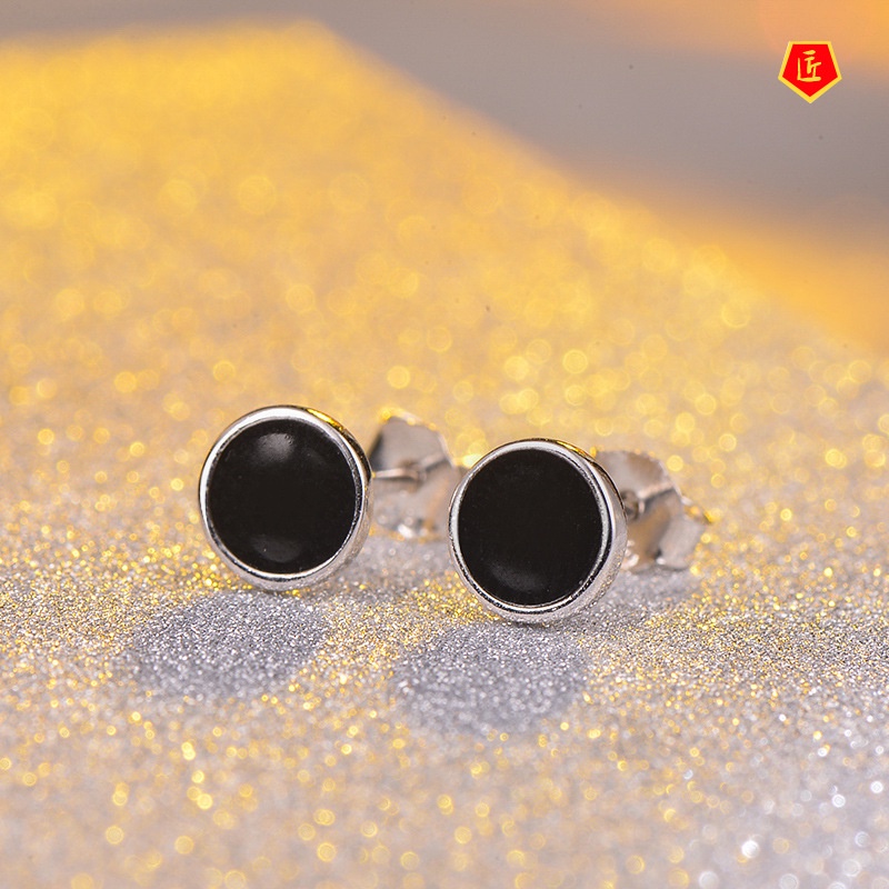 [Ready Stock]Silver Black Classic Heart-Shaped Geometric Ear Studs