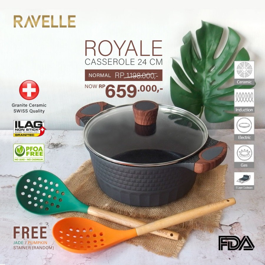 RAVELLE ROYALE Casserole with Lid 20 Cm/24 Cm Panci Dengan Tutup Kaca