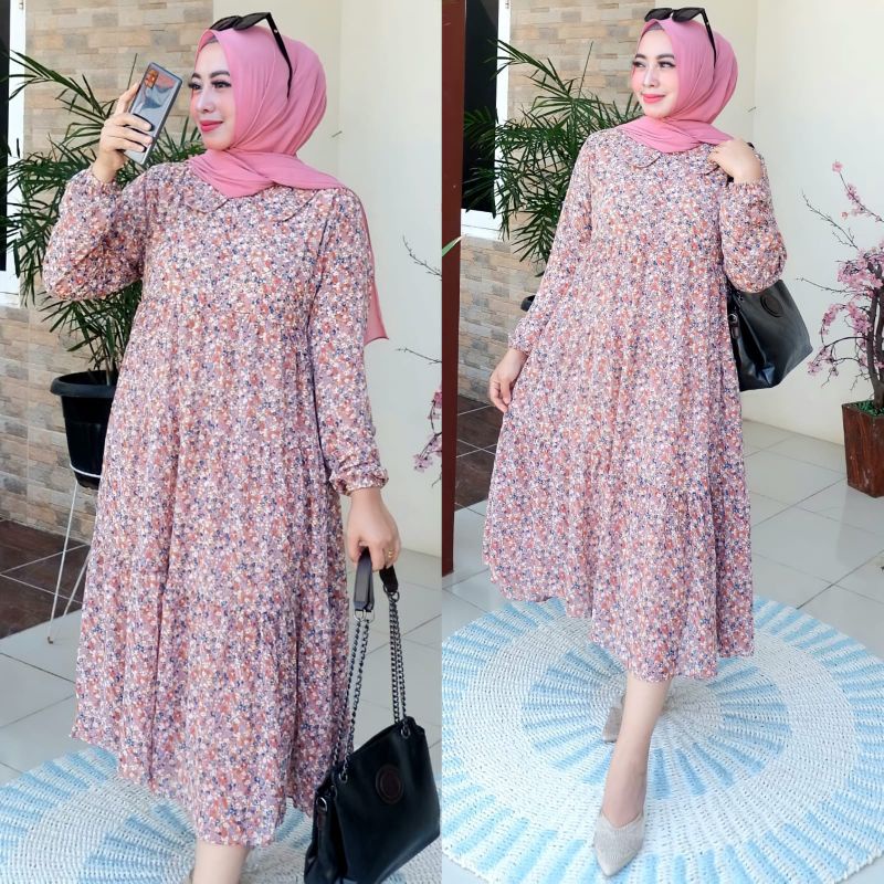 BISA [COD] Gamis Midi Dress/Gamis Motif Bunga Midi Dress