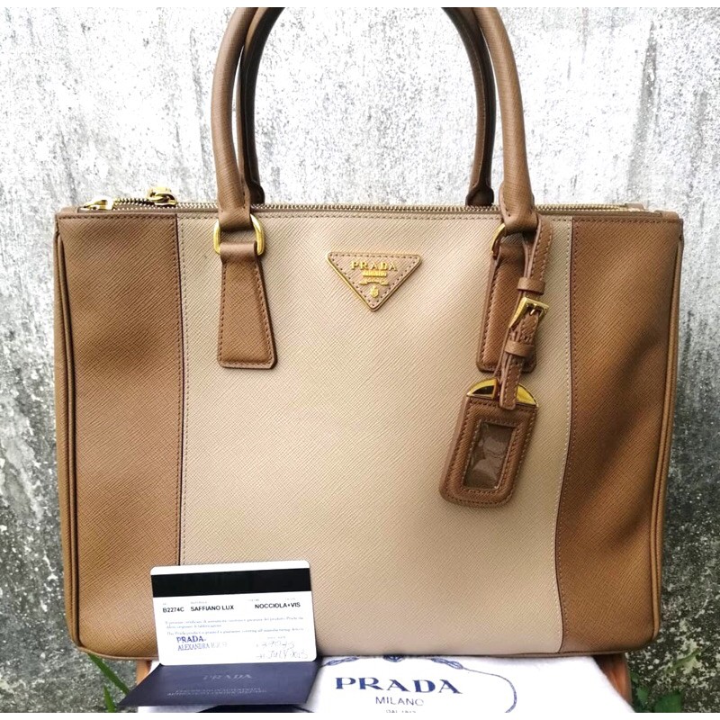 Prada saffiano lux bicolor beige preloved authentic