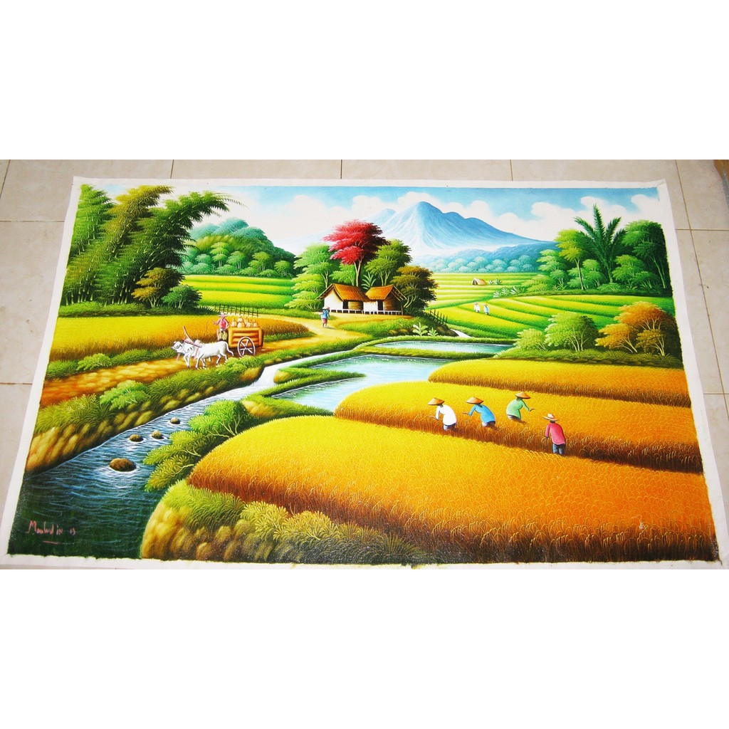 Lukisan Panen Padi Pemandangan Sawah Ukuran 135 X 85 Cm