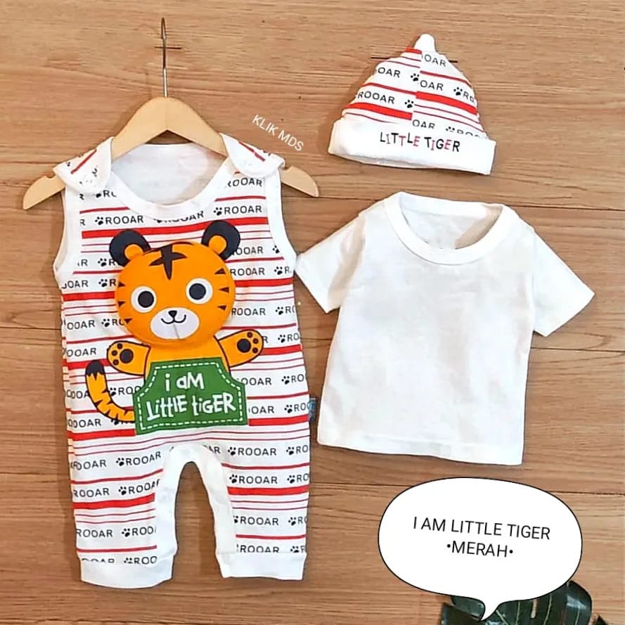 Jumper Bayi Laki-Laki 0-6 Bulan / Baju Anak Bahan Kaos Free Inner Dan Topi Motif I Am Little Tiger