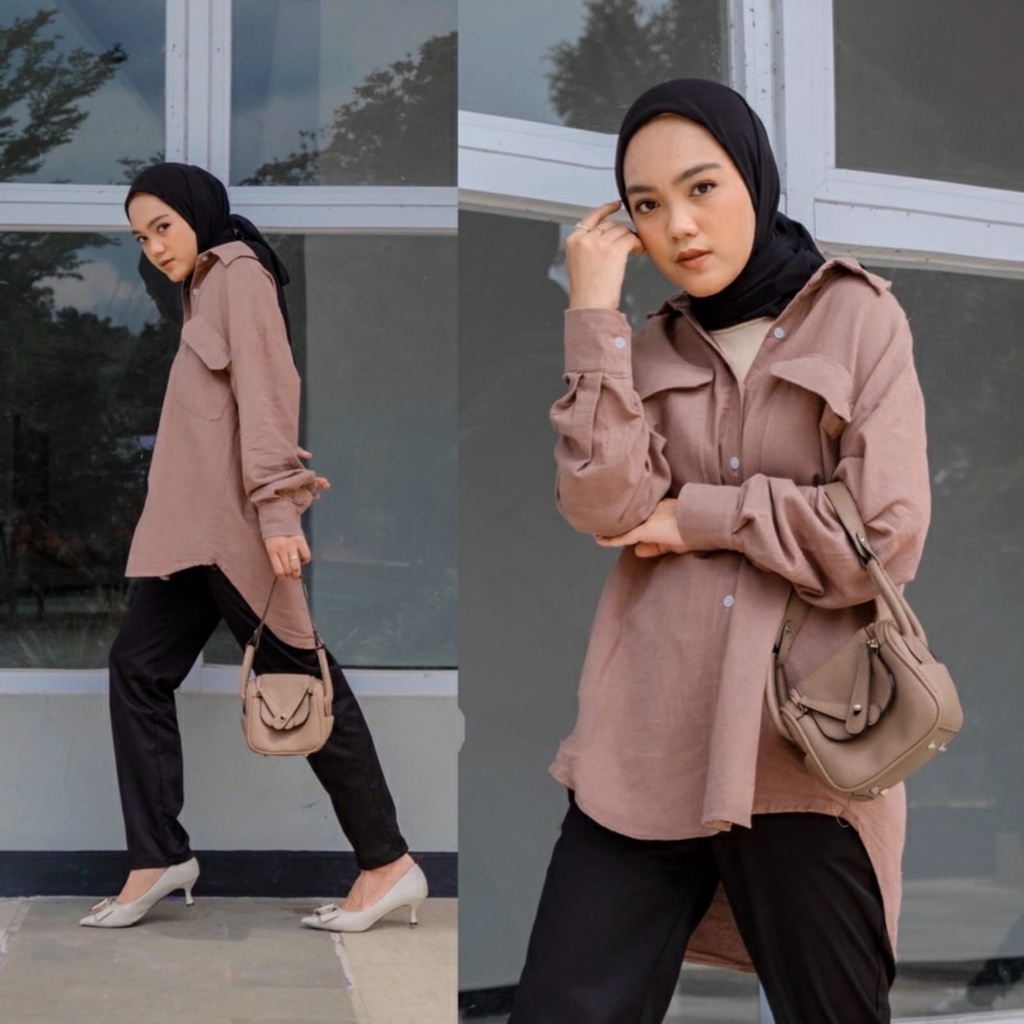 BEFAST - ZEC OOTD Wanita Kemeja PIKA / HIGH QUALITY Nindy Oversize Linen Pocket Shirt / Kemeja Oversize Wanita / OOTD Ala Style Korean Wanita / Kem Lengan Panjang / Fashion Wanita Casual / Kemeja Polos Terbaru