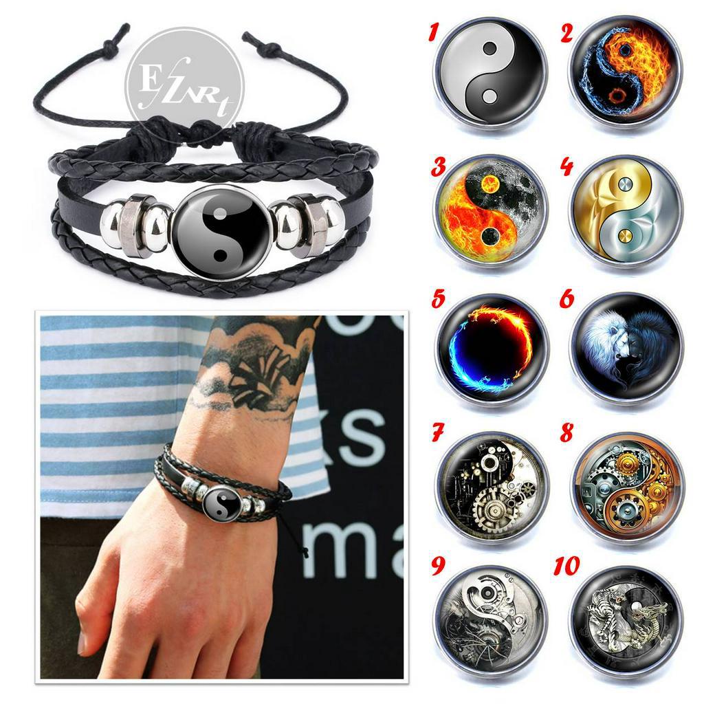 GELANG KEPANG MULTILAER YIN YANG TAICHI KACA CEMBUNG TALI KULIT ADJUSTABLE