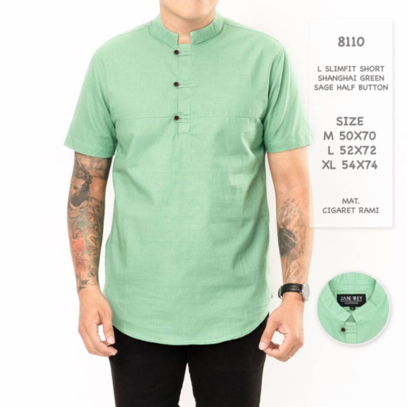 8110 Kemeja Pendek Pria L Slimfit Short Shanghai Green Sage Half Button
