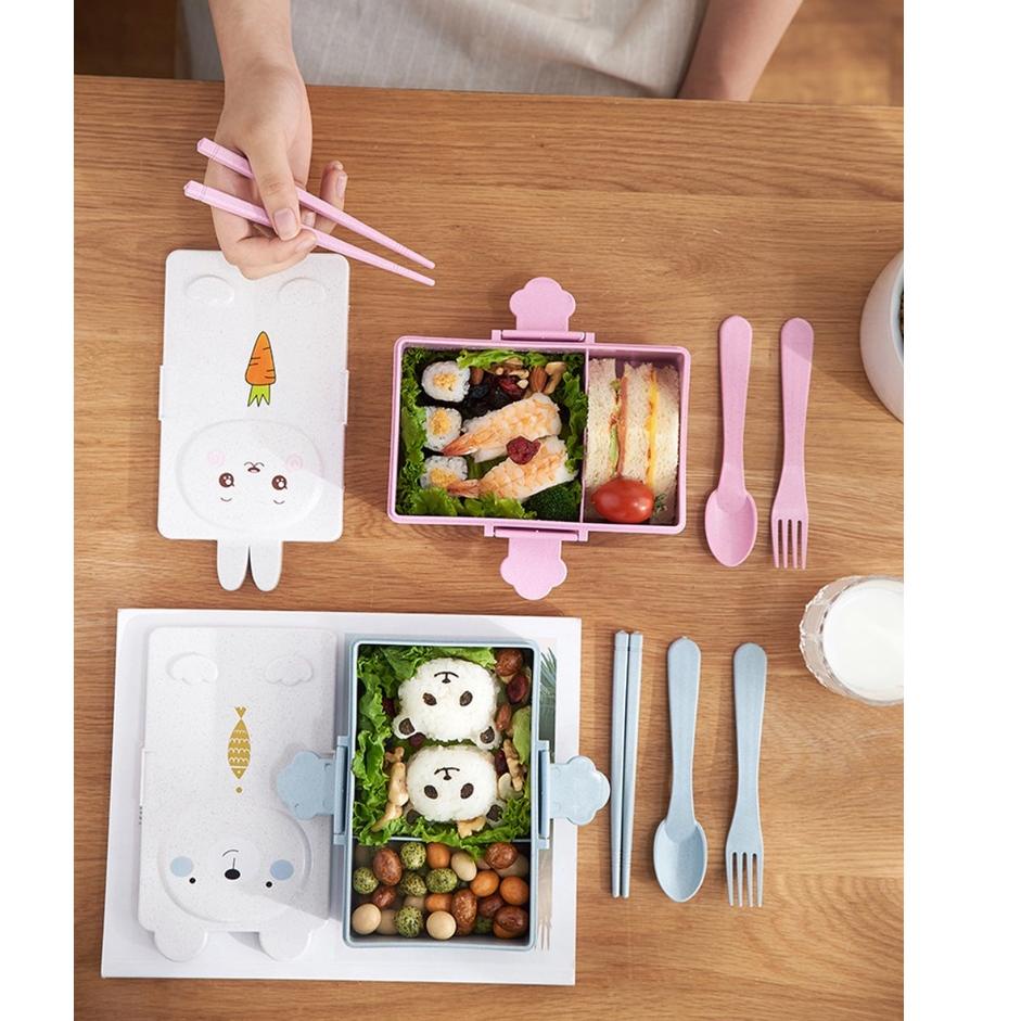 Kotak Bekal Makan Anak Tempat Makan Anak 2 Sekat Lunch Box Bear Rabbit Motif Kelinci Beruang