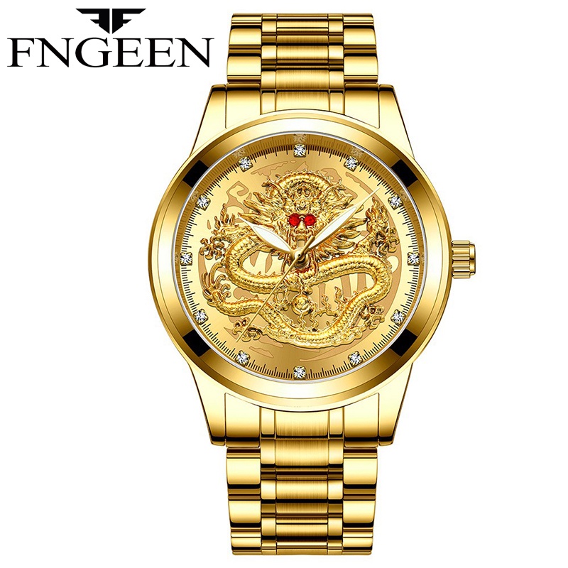 Original FNGEEN S336 Jam Tangan Pria Naga Emas Luxury Stainless Steel Quartz Original Anti Air