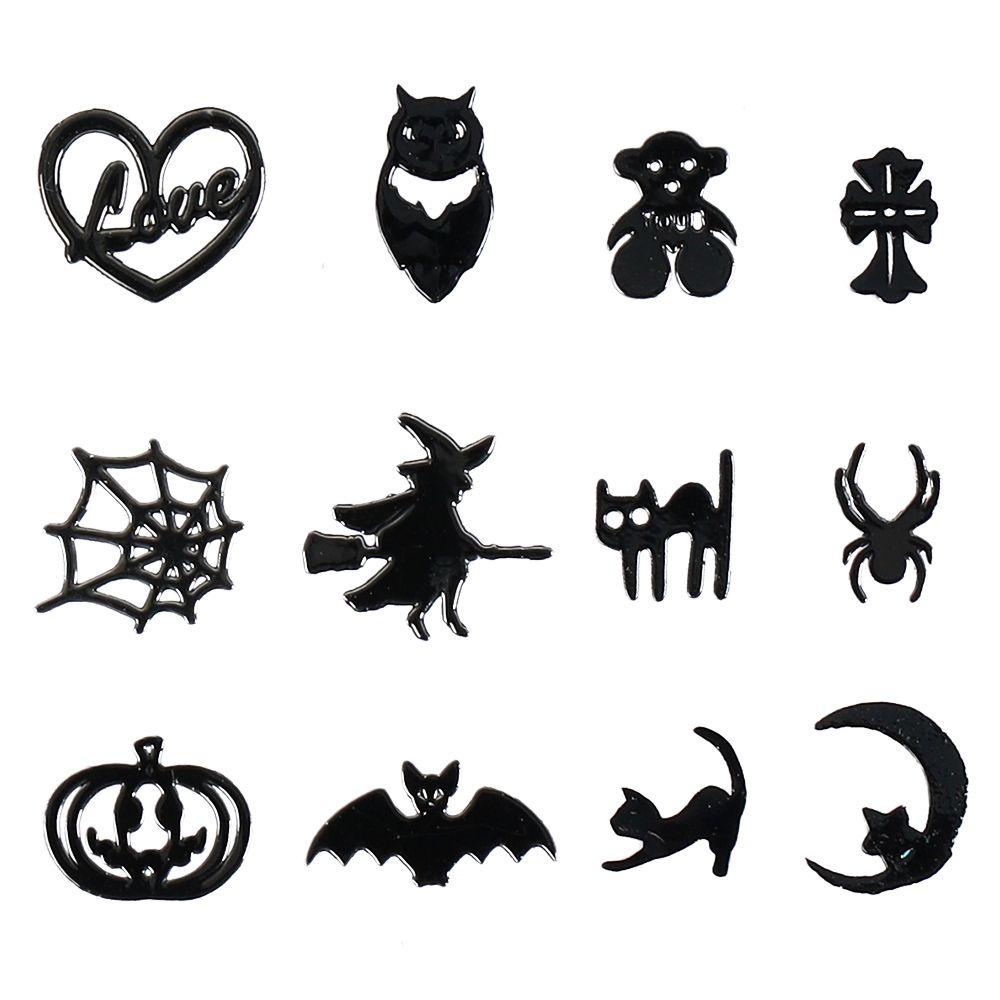 NEEDWAY Halloween Perhiasan Nail Art Hitam Emas Alloy Decals Cross Kelelawar Penyihir DIY Nail Art Dekorasi