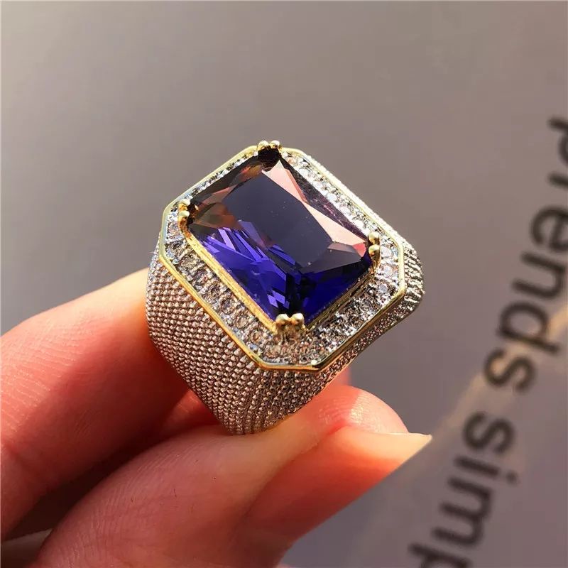 Cincin Batu Akik Safir Royal Blue Saphire Cubic Zirconia Mewah Elegan Ring Gold Platted