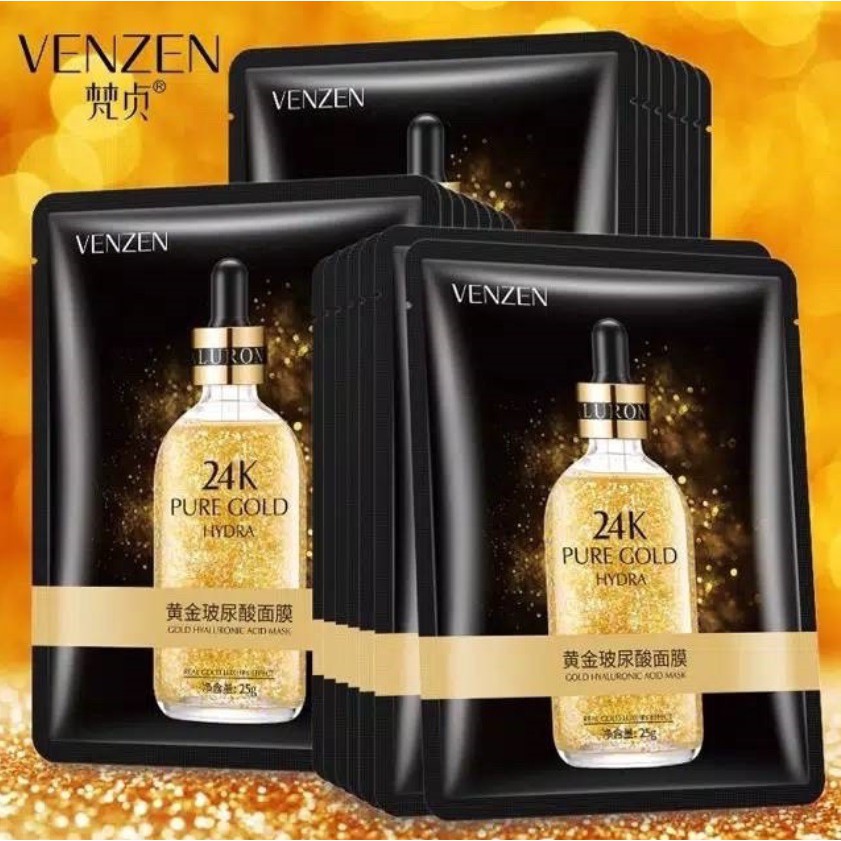 Masker Wajah VENZEN 24K Gold Facial Sheet Mask / Masker Wajah Pemutih dan Glowing Masker Muka Gold VENZEN Hyaluronic Acid ORIGINAL Skincare Alami / Masker Murah Masker Korea Pria Wanita Anak Sekolah / Masker Komedo dan Anti Jerawat