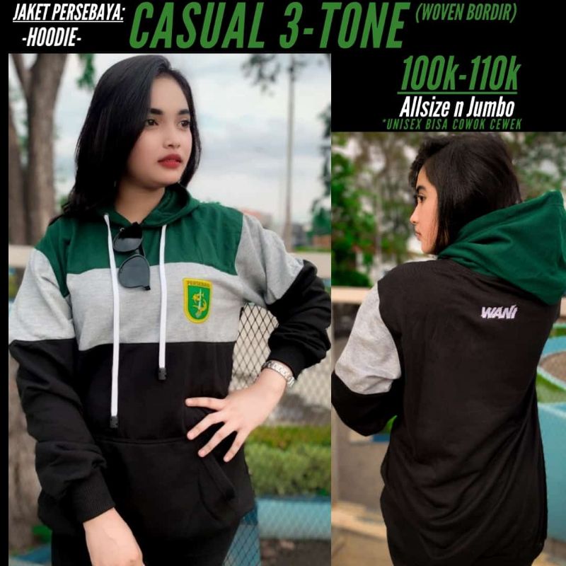 Jaket Hoodie Sweater Persebaya Casual 3 Tone Bonek Bonita Distro