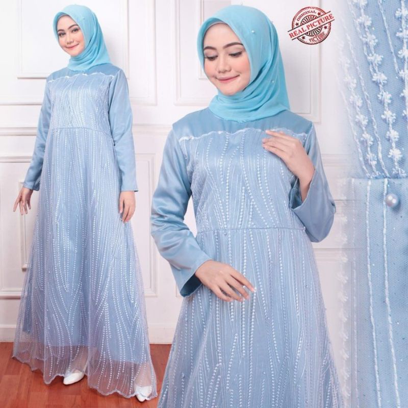 Gamis Lesti baby blue brukat tile/Gamis mewah/Gamis pesta