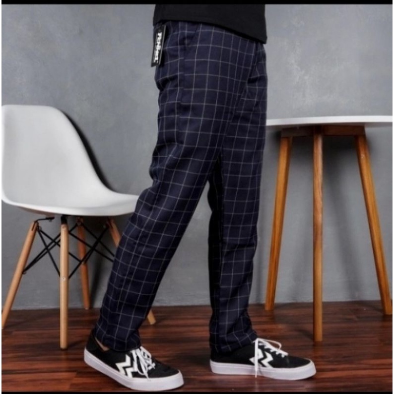 celana panjang tartan-slimfit pria street/mellar