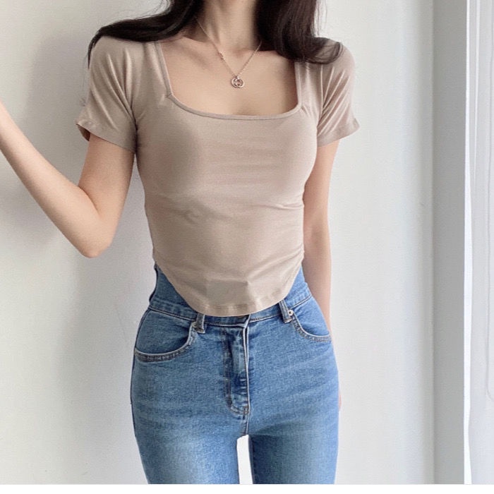 #Sisjuly# 21 pacar seksi pinggang tipis kerah persegi terkena tulang selangka pendek T-shirt stretch top