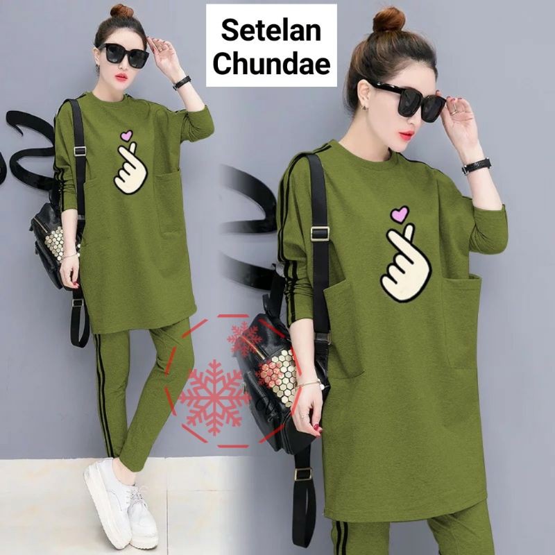 XC - Stelan CHUN DAE. / Stelan Wanita Motif Jari Hati / Stelan Casual Wanita / Ngetrend