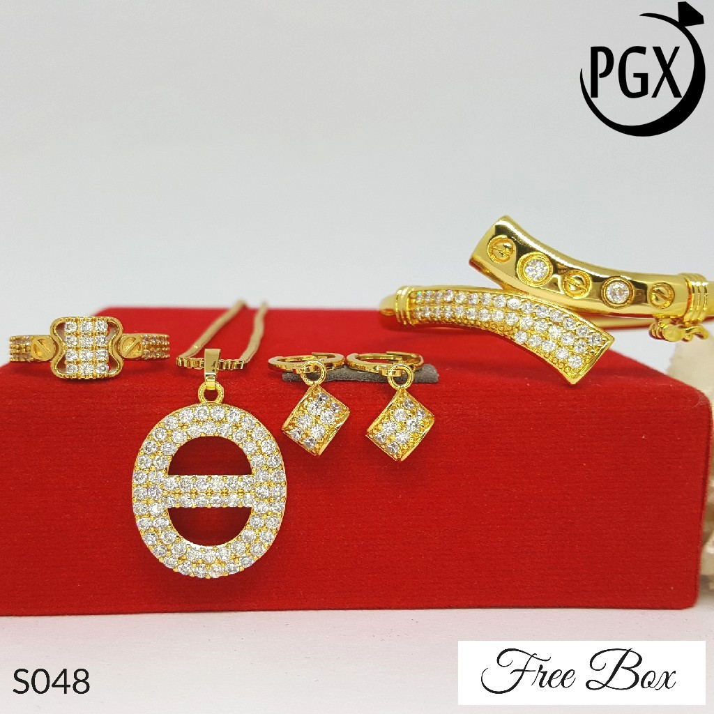 PGX Set Perhiasan Xuping Cincin Gelang Kalung Anting Lapis Emas - S048