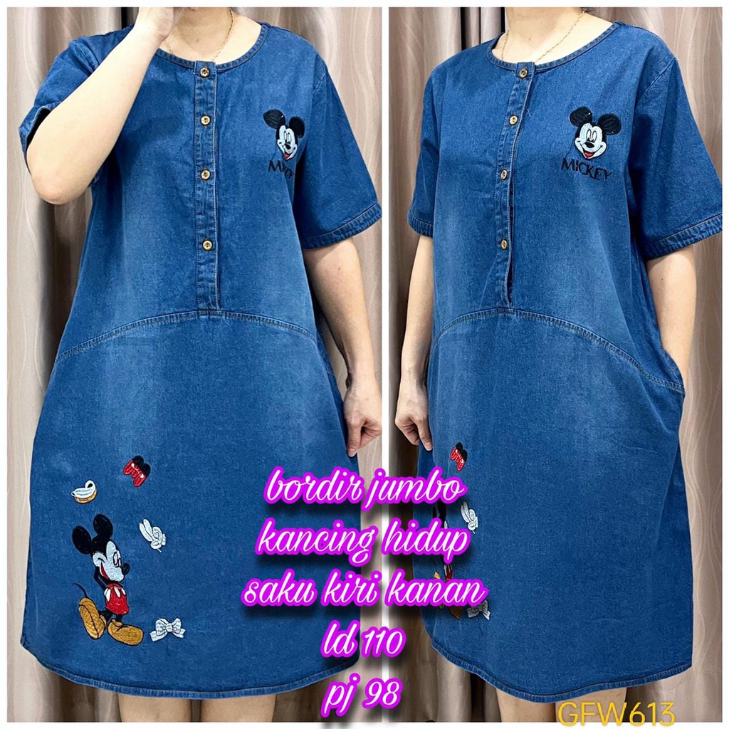 GFW613 Dress Wanita Jeans Denim bOrdir Mickey Minnie Mouse Kancing Saku LD110