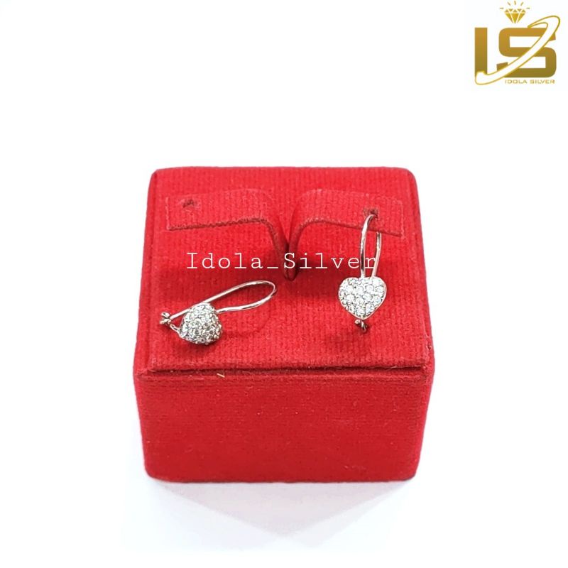 ANTING PERAK ASLI 925 LAPIS EMAS PUTIH MODEL KAIT LOVE PERMATA FULL - PERHIASAN PERAK