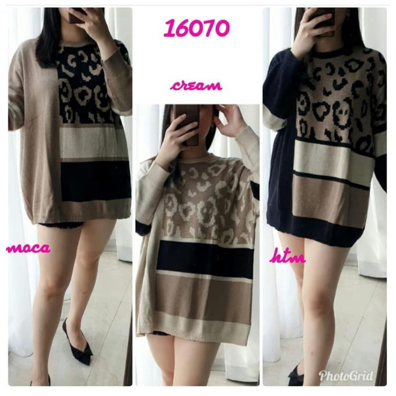 16070 Atasan rajut wanita motif leopard macan jumbo big size/blus rajut jumbo import real pict