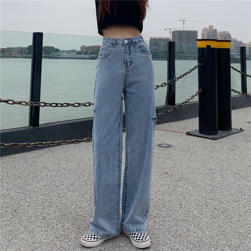 New Biru high waist robek straight leg celana jeans panjang wanita
