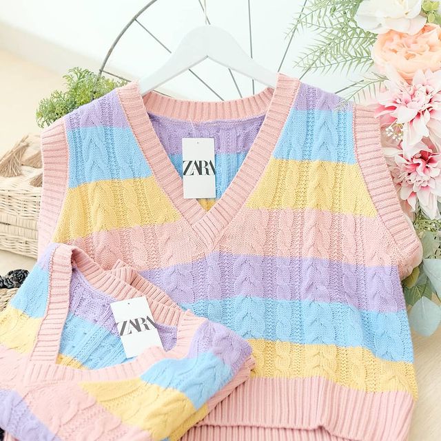 Candy Vest Rompi Rajut Wanita Korean Style Jumbo Murah Bahan Rajut Premium Motif Cable Timbul Salur Rainbow