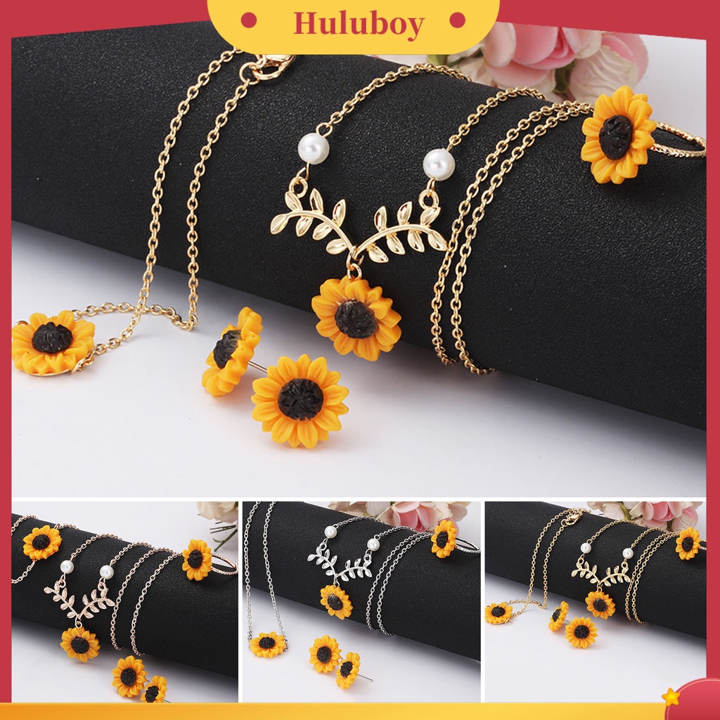 Hu Hu Hu Hu Hu Alat Bantu Pasang Kacamata♡ 4pcs / Set Kalung Cincin Bentuk Bunga Matahari Daun Bahan Stainless Untuk Wanita